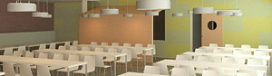 Arkitektritning av Fornbyskolans nya matsal. I bakgrunden syns väggar målade i ljusa varma färger. I rummet finns vita matbord, vita stola och hängande vita lampor.