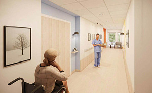 Tredimensionell skiss över korridor med milda färger på väggarna och en sittgrupp längst ner
