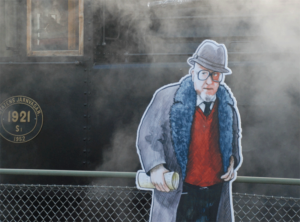Utskuren illustration av Sven Delblanc står intill ett lok, röken bolmar