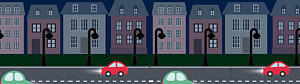 I ett område där elbortfall råder kör fyra bilar med belysningen på, på tomma nedsläckta gator. I bakgrunden syns nedsläckta hus. Bilden är illustrerad och inte ett fotografi.