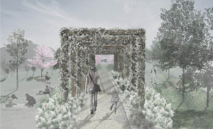 Visualisering över hur huvudentrén till Scenparken i Vagnhärad kan komma att utformas med en blommande pergola