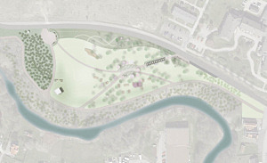 Visualisering över Scenparken i Vagnhärad med förslag på hur parken kan komma att se ut vid färdigställande