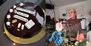 Bild på tårta till vänster samt årets företagare Helen Åkvist till höger.