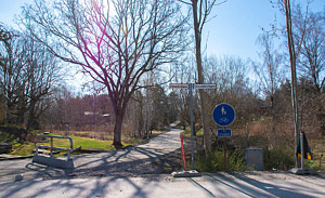 En grusad gång- och cykelväg syns ringla in i ett skogsparti, vägskyltar står i förgrunden