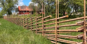 Gärdesgård, grönt gräs, röd stuga i bakgrunden.