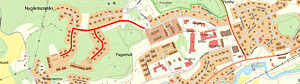 Kartbild över området Nygårdsplatån där en röd linje utmed Skolvägen samt Nygårdsplatån 15-29 och 59-71 visar var arbetet äger rum