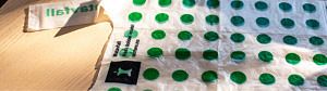 Närbild på en genomskinlig plastpåse med gröna prickar med texten MATAVFALL skrivet i svart