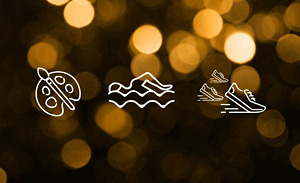 Illustration på en pensel och palett, en simmare samt löparskor. I bakgrunden närbild på guldglitter.
