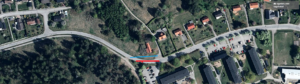 Karta över Skolvägen i Vagnhärad där rött streck visar avspärrning och blått streck visar omledning av trafik.