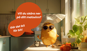 Illustrerad bild på en potatis i ett kök. Potatisen har solglasögon och armar och säger 
