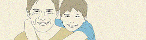 En illustrerad bild där en pojke kramar en persons axlar bakifrån. Båda ler och ser glada ut.