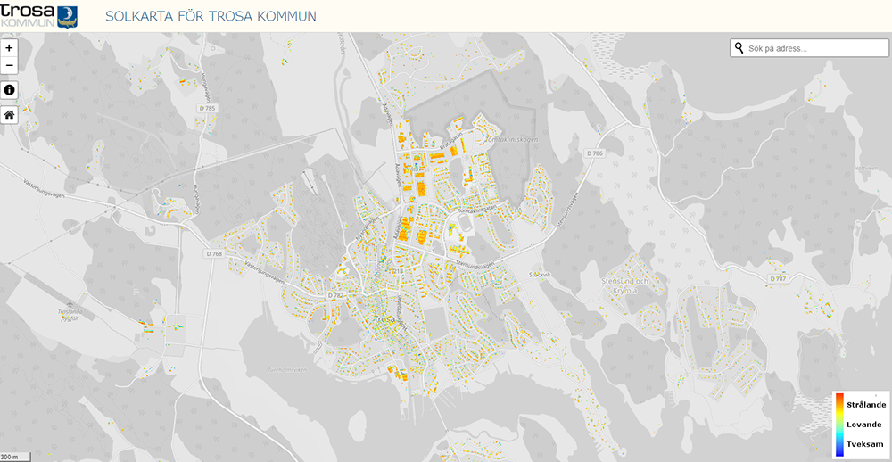 Kartbild över Trosa kommun med fastigheter markerade i gul färg.