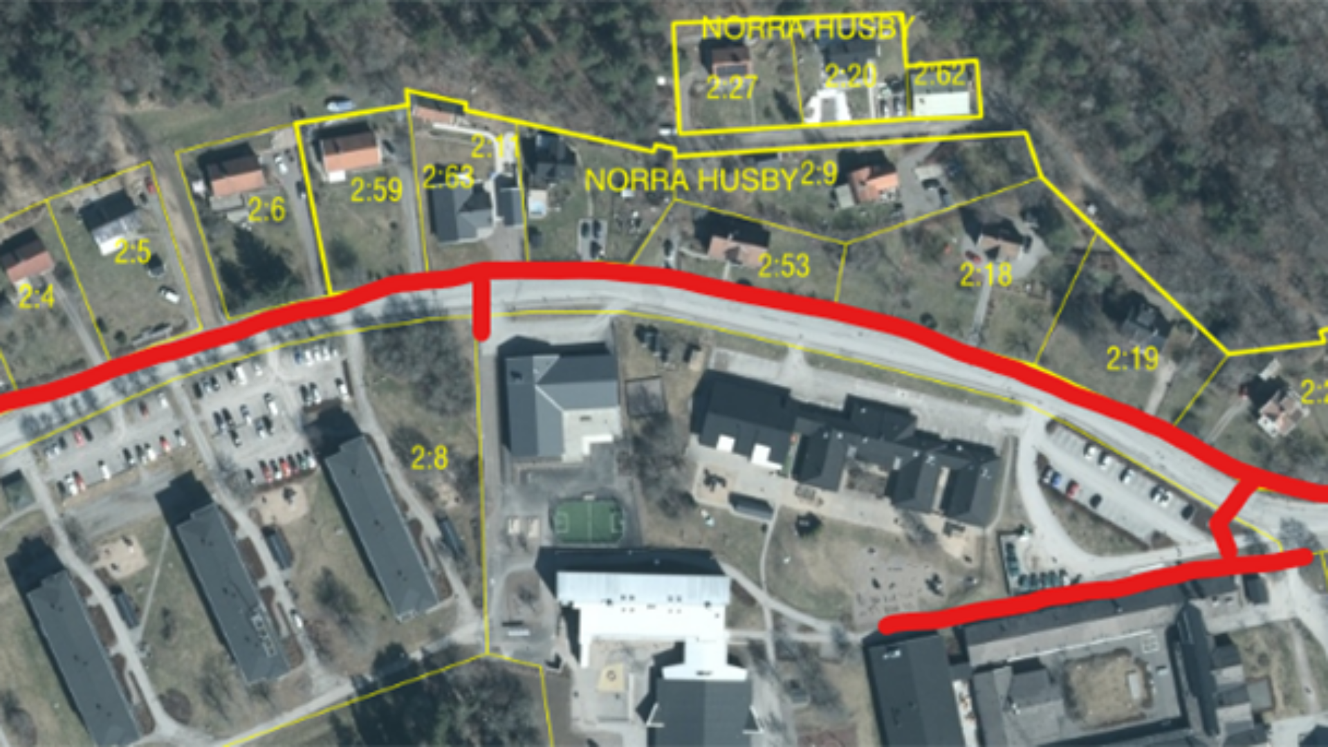 Kartbild över Vagnhärad med ett rött streck som markerar Skolvägen.