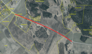 Kartbild där ett rött streck markerar gång- och cykelvägen.