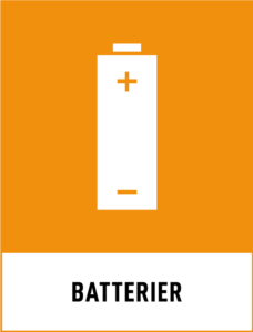 Skylt för batterier, med en bild på ett batteri och texten 
