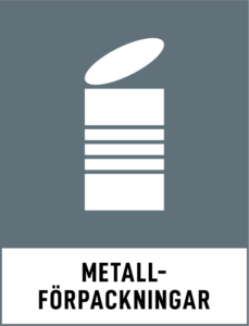 Skylt för metallförpackningar, med en bild på en förpackning och texten 