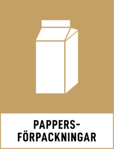 Skylt för pappersförpackningar, med en bild på en förpackning och texten 