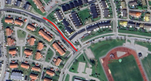 Karta med ett rött streck som markerar etapp 1, en del av Verktygsgatan.
