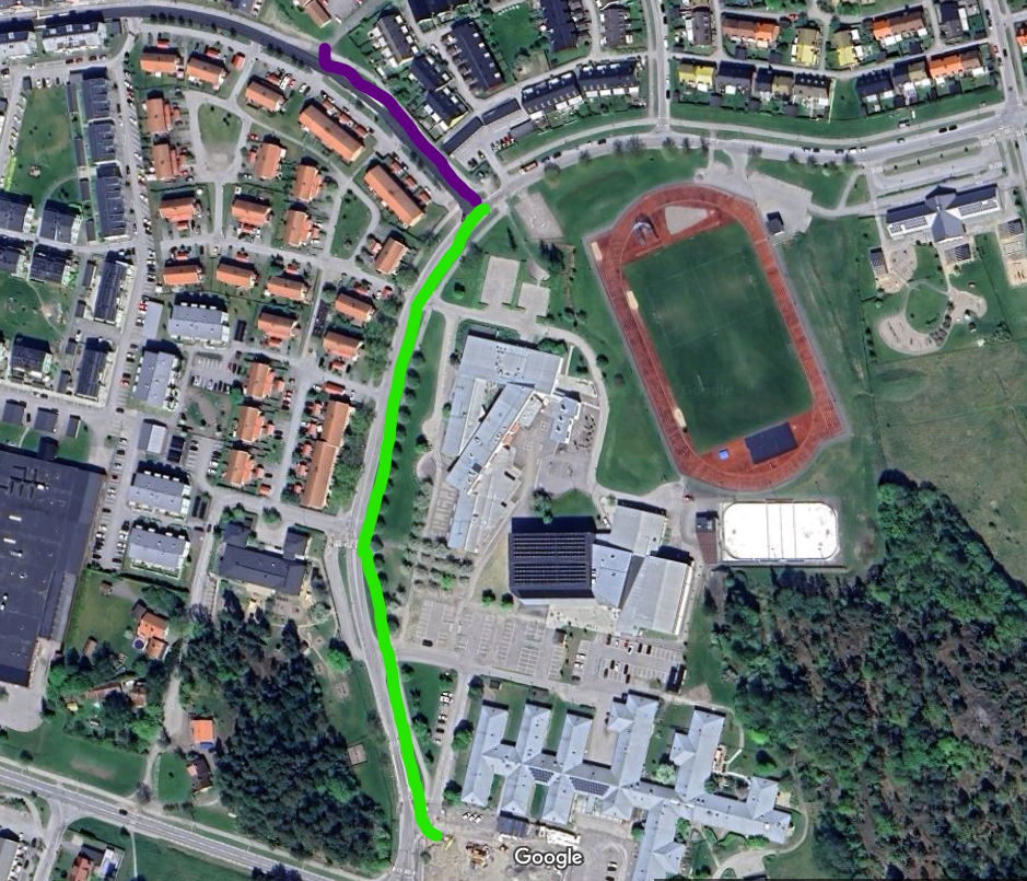 Kartbild som visar ett lila streck på Verktygsgatan samt ett grönt streck från korsningen Verktygsgatan-Tomtaklintgatan och ner längs med Tomtaklintgatan mot det nya bostadsområdet Predikanten.