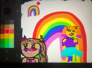 Illustrerad bild av en regnbåge och två figurer.
