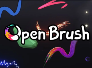 Texten Open Brush på en svart bakgrund med färgglada målade linjer.