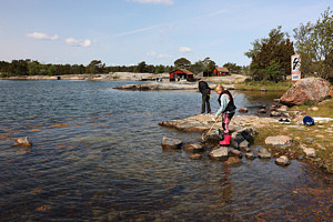 utomhus, klippor, hav, barn, blå himmel