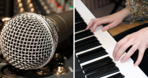 Delad bild där vänstra sidan visar en mikrofon på ett mixerbord och högra sidan händer som spelar piano.