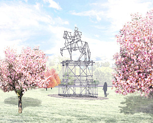 Illustration av ett konstverk av byggnadsställning som står i en park. Konstverket föreställer en person på en häst. Hästen står på ett podium. Körsbärsträd syns vid sidorna om konstverket.