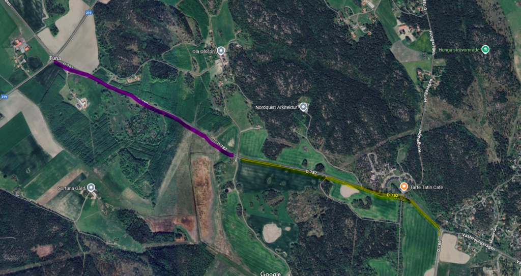 Kartbild över sträckan mellan Västerljung och Trosa. Lila streck markerar arbetssträckan 2024 och gult markerar arbetssträckan 2025.