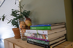 En bänk med krukor i växter och en hög med böcker.